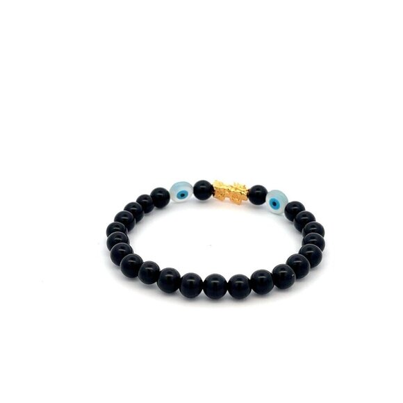 18K Gold Dragon Pixiu Piyao Lucky Charm Bracelet Gemstones Onyx 6mm Evil Eye - Picture 4 of 5